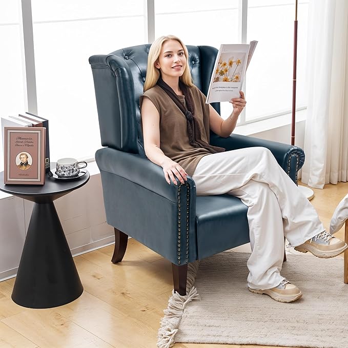 MOJAY Modern PU Leather Accent Chairs Set of 2, Mid-Century Living Room Chairs Upholstered Club Arm Chair, Single Sofa Chair with Solid Wooden Legs for Bedroom Study Home Office Reception (DarkBlue)