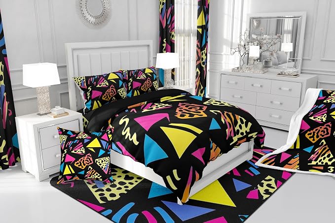 Retro 80s Style Bedding Set Queen,Abstract Geometric Pattern Duvet Cover Urban Modern Design With Circles And Triangle Comforter Cover Colorful Pop Art Inspired Pattern Quilt Cover For Boys Child