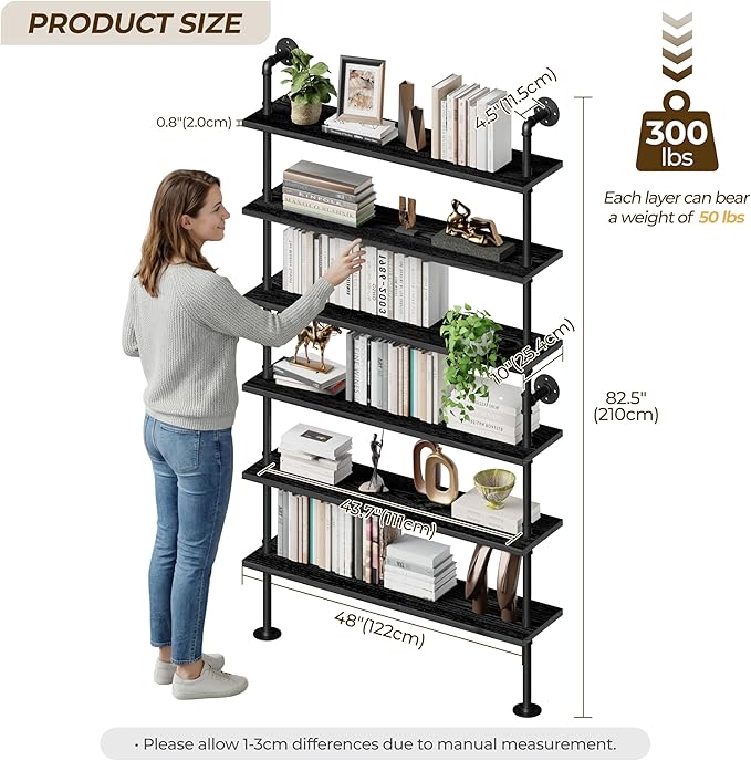 6 Tier Industrial Ladder Shelf Bookcase, Wall Mounted Rustic Bookshelf for Living Room Decor and Storage (Black, 6 Tier - 10" D x 48" W x 82.5" H)