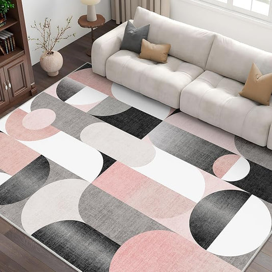 6x9 Area Rugs Pink Washable Rug for Living Room Bedroom,Large Modern Non Slip Carpet for Kitchen Dining Room,Blush Grey Black