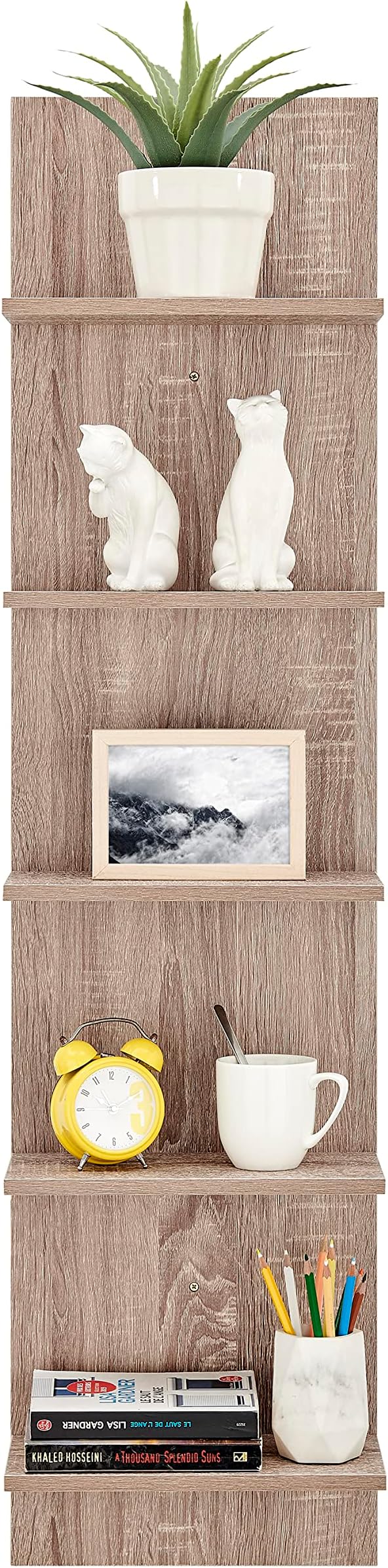 Danya B. Narrow Decorative Wall Mount Vertical Shelving Unit – Modern Column with 5 Shelves Home or Office for Books, Décor Display (Oak)