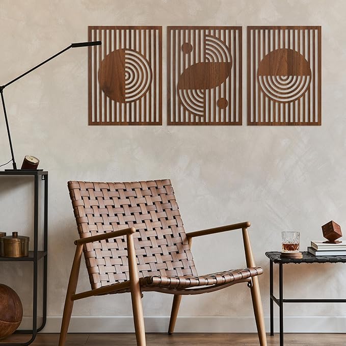 pechpell Set of 3 Mid Century Modern Wall Art, 15.7×11.8 Inch Brown Wooden Abstract Wood Wall Panels, Minimalist Geometric Decor for Living Room Bedroom Rustic Farmhouse Home Decorations