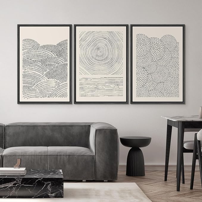SIGNWIN Framed Canvas Print Wall Art Set Geometric Spiral Ring Wave Pattern Abstract Shapes Cozy Neutral Modern Art Decorative Contemporary Minimal for Living Room, Bedroom, Office - 24"x36"x3 Black