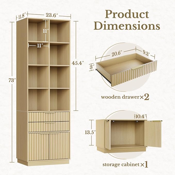 Bookshelf with Drawers, 73 Inches Fluted Tall Bookcase with Doors, Wooden Book Shelf with 4-Tier Storage Shelves for Home Office, Light Walnut
