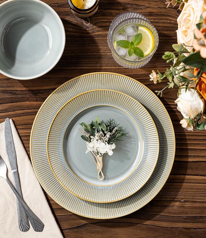 TheTerra Stoneware Dinnerware Sets for 6, 18 Pieces Ceramic Lightweight Plates and Bowls Sets, Scratch Resistant Embossed Dish Set, Oven, Microwave & Dishwasher Safe, Desert Sage
