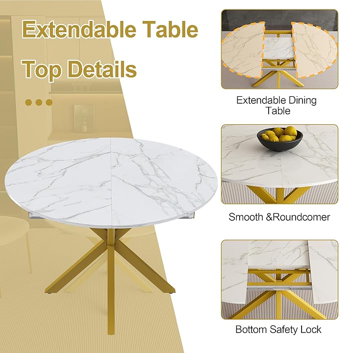 43"-59" Extendable Round Dining Table for 4-6,Modern White and Gold Dining Room Table,Expandable Kitchen Table for Small Spaces