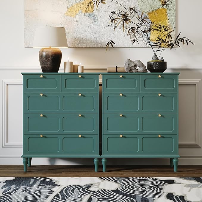ARTPOWER 5 Drawers Dresser for Bedroom, 40" Tall Wood Mid Century Modern Chest of Drawers, Closet Clothes Storage Organizer for Living Room, Hallway, Entryway, Green