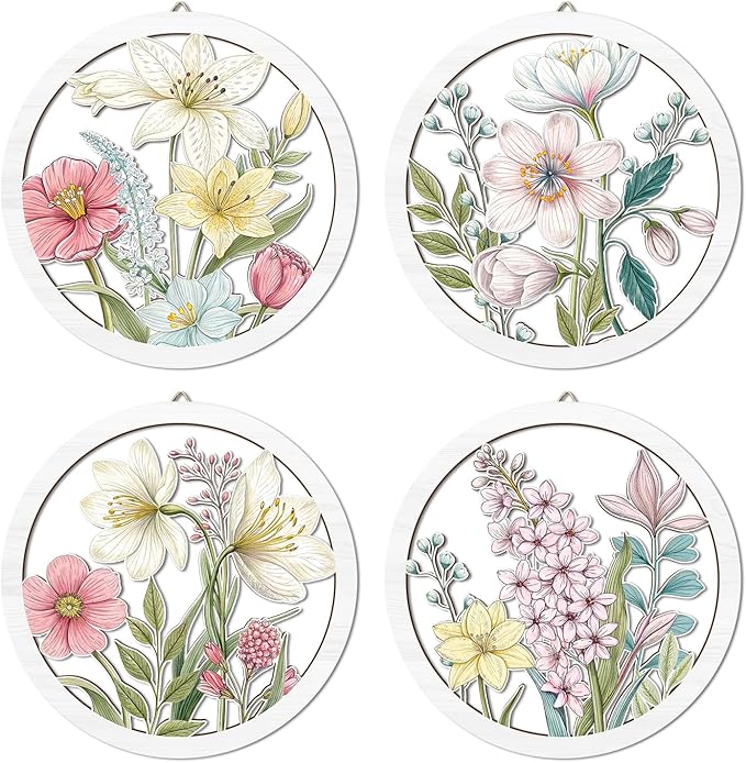 HPNIUB Boho Flower Wall Decor, Abstract Floral Market Wooden Wall Hanging Sign, 4 Pieces 10''x10'' Colorful Plant Wall Art, Minimalist Wildflower Botanical Wood Plaue for Girls Bedroom Living Room