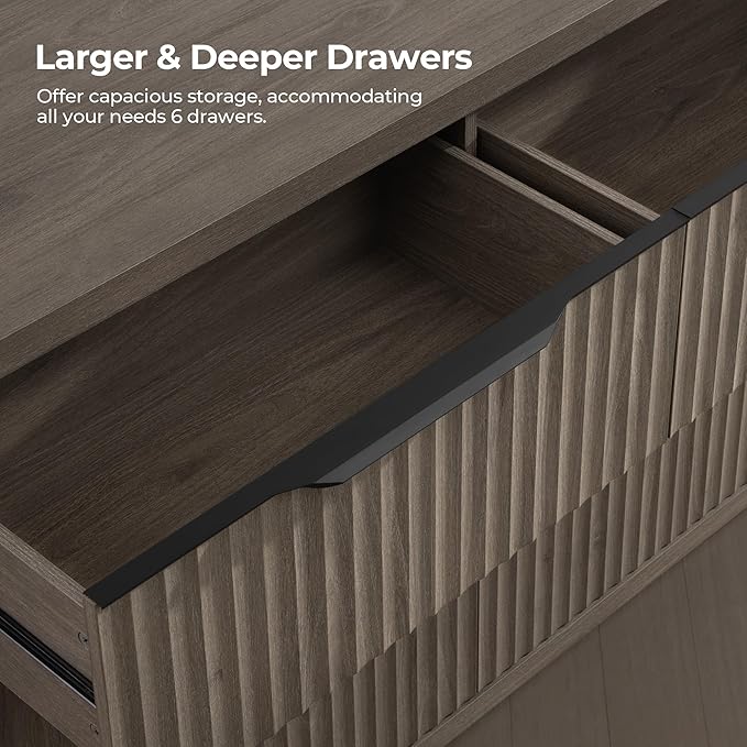 SICOTAS Dresser for Bedroom 107" Wide 6 Drawer Dressers & Chests of Drawers for Closet Long Large Modern TV Stand Set for Clothes Storage Fluted Clothes Closet for Hallway Entryway, Grey Alder