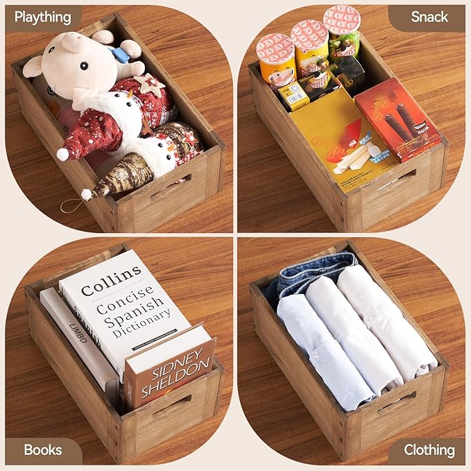 KIRIGEN Stackable Wood Storage Cube Organizer with Handle, Modular Open Cubby Bins for Books, Clothes, Toys, Shoes, Bookcase Shelf for Home Office Bedroom Brown C15-DBR