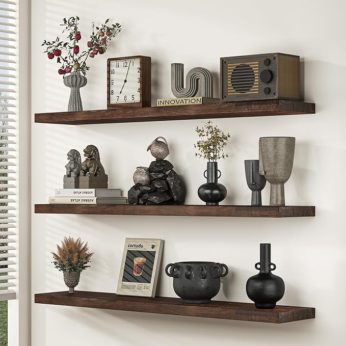 Fun Memories 72" Floating Shelves for Wall, Rustic Solid Elm Wood Floating Shelves - Invisible Bracket Mount, Extra Long Wall Mounted Shelf for Living Room, Bathroom, Bedroom, Kitchen, Walnut