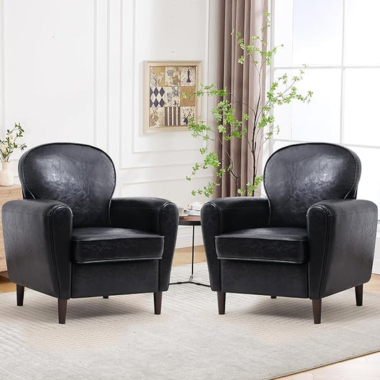 Accent Chair Set of 2, Mid Century Modern Faux Leather Arm Chair with Thick Cushion and Back, Comfy Upholstered Reading Chair Single Sofa Chair for Living Room, Bedroom, Club, Black