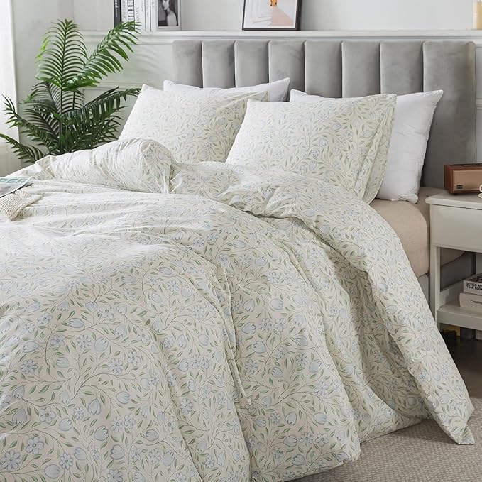 HoneiLife Floral Duvet Cover King - 100% Cotton Comforter Cover, Soft & Breathable Bedding Duvet Cover Sets with Zipper Closure & Corner Ties, 3-PC Wildflower Comforter Cover Sets, Early Summer