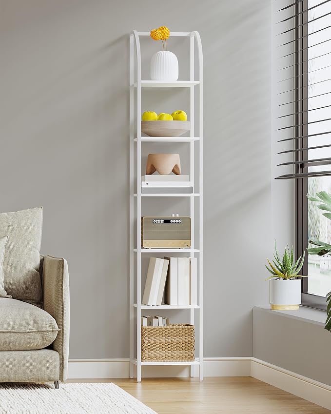Hzuaneri Bookshelf Narrow Bookcase, Tall Storage Rack with Steel Frame, Display Standing Shelf Unit, Skinny Book Shelf for Study Living Room Home Office, Industrial Style, 6-Tier White BC56013W