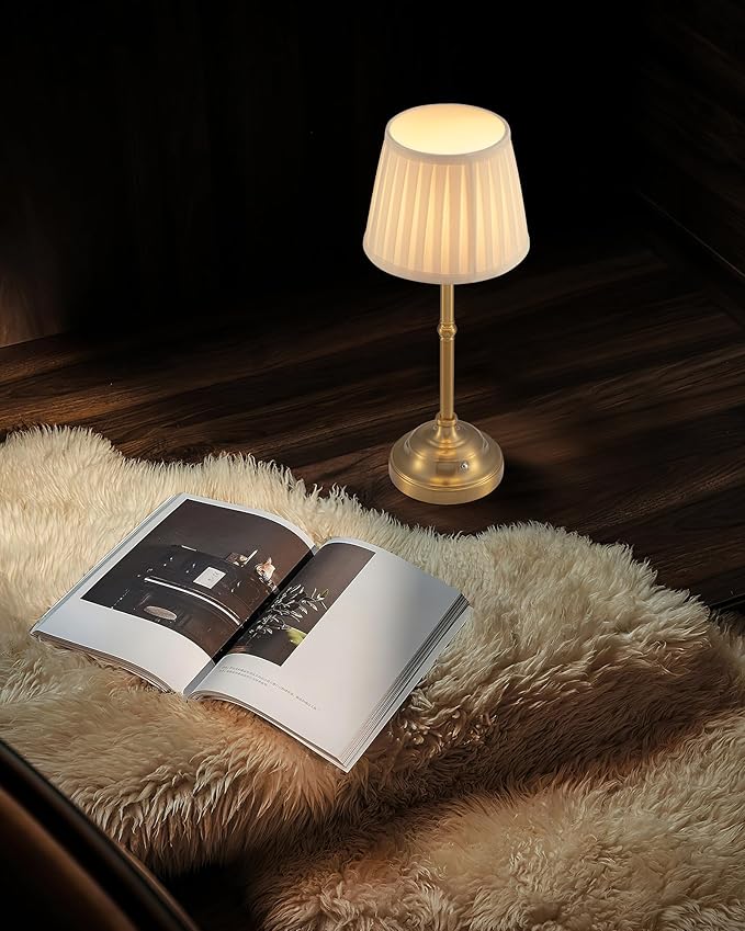 KDG Portables Cordless Table Lamp, Fabric Shade Desk Lamp, 4000mAh Rechargeable Battery Powered Lighting, Dimmable Light for Dining Room, Bedroom, Bedside, Bar, Night Light, Camping, Balcony (Bronze)
