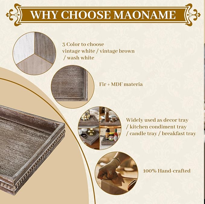 MAONAME Wood Serving Tray, Farmhouse Wooden Tray for Coffee Table, Rustic Rectangle Trays with Beads, Vintage Brown Decorative Trays for Living Room, Kitchen, 15.7" X 11.8" X 1.57"