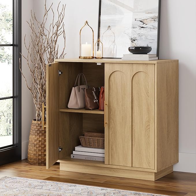 Sideboard Buffet Cabinet with Storage Set of 3, Mid Century Modern Accent Cabinet with Arched Doors, Modular Media Console, Credenza for Living Room Kitchen Dining Room Entryway, Oak