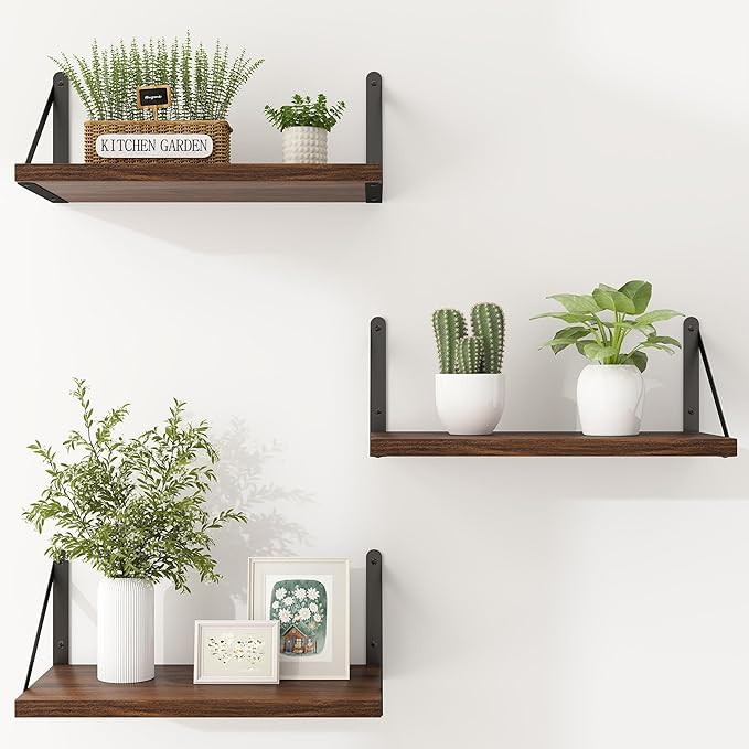 Heimlove Floating Shelves for Wall Set of 3,Light Wood Wall Mounted Bookshelf Decorative Shelf for Living Room Bathroom Bedroom Kitchen Laundry Pictures Plants Books Cats TV,Walnut Color