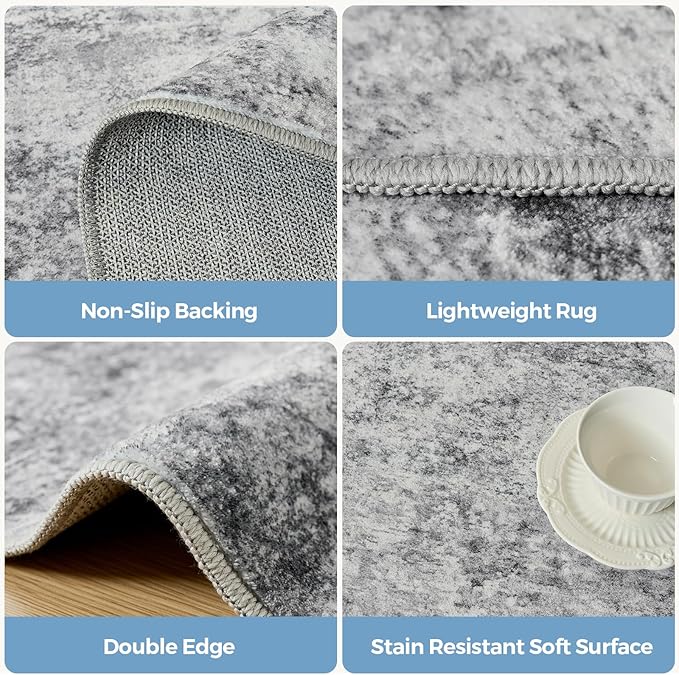 WITSHOCK 6ft Round Area Rug for Living Room: 6x6 Washable Neutral Modern Abstract Soft Thin Rug Indoor Floor No Slip Rug Carpet for Bedroom Under Dining Table Home Office Decor (Gray)