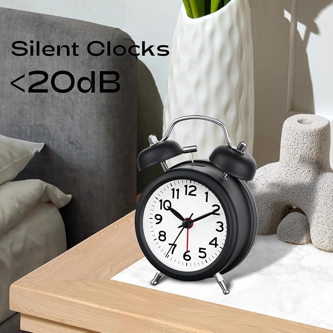 AKCISOT Loud Alarm Clock for Heavy Deep Sleepers,3 Inches Analog Metal Twin Bell Clocks Battery Operated with Backlight for Bedroom Bseide, Old Fashioned for Desk Home Decoration (Black White)