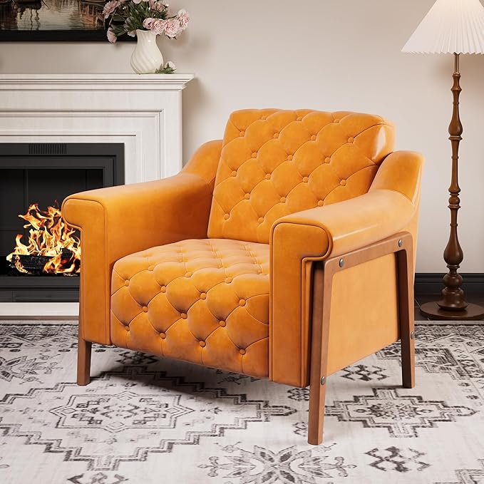 EJUNQ Faux Leather Accent Chair Set of 2, Mid-Century Modern Armchair, Retro Upholstered Armchair Accent Chair Club Chair for Living Room, Bedroom, Waiting Room, Office, Orange