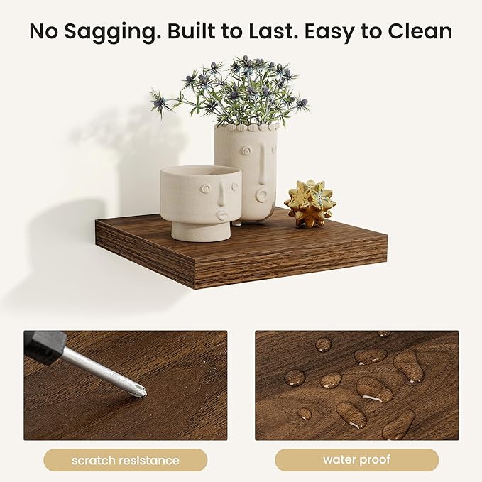 Fun Memories Rustic Wood Floating Shelves for Wall, Space-Saving Wall Mounted Shelves for Bathroom, Bedroom, Living Room and Kitchen, Stylish Storage & Display (Set of 3, Walnut, 12 in)