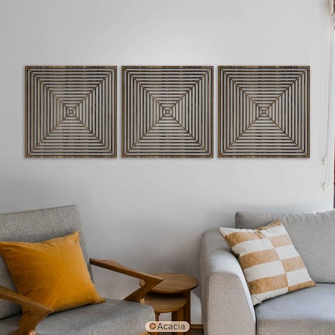 Square Wood Wall Art Triptych, Mid Century Modern Minimalist Wooden Decor, Large Optical Geometric Art Deco Panels, Abstract Home Gift for Living Room and Bedroom