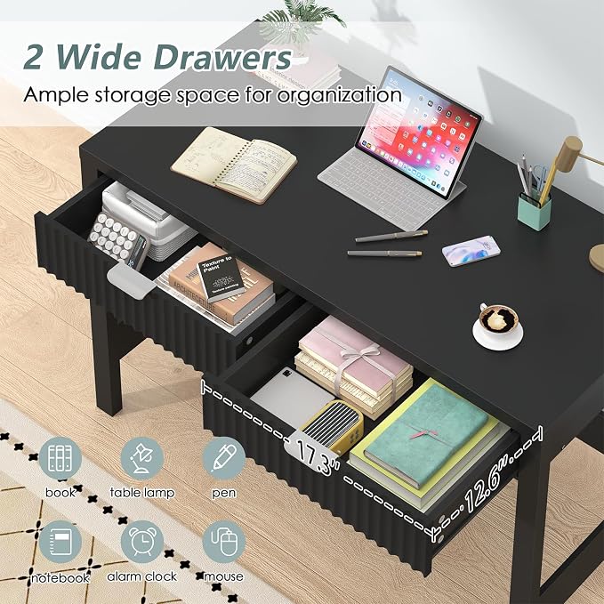 YOMILUVE Fluted Computer Desk with 2 Drawers, 39 Inch Small Computer Desk with Storage, Compact Writing Study Desk for Small Spaces, Black