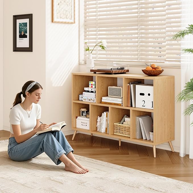 7-Cube Storage Organizer with Natural Wood Legs, Mid-Century Modern Bookcase and Display Cabinet, Freestanding Toy Storage Bookshelf for Living Room, Kids Room and Bedroom, Natural