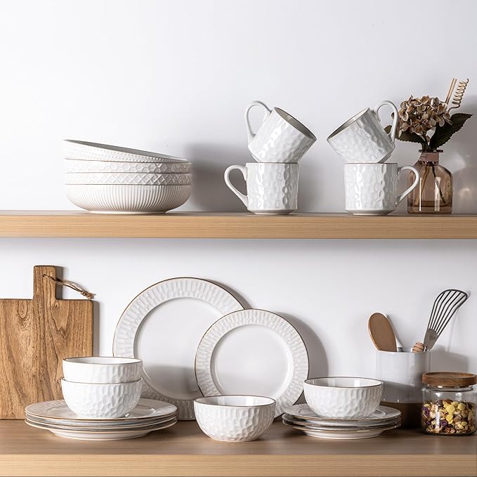GBHOME Ceramic Dinnerware Sets,18 pcs Embossed Elegant Stoneware Plates and Bowls Sets, Housewarming Wedding Gift | Dishwasher & Microwave Safe | Dishes Set Service for 6