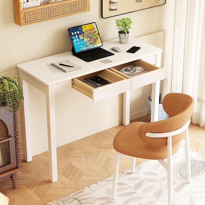 Wood Desk with Drawers - Solid Wood Mid Century Modern Desks for Bedroom, Small Computer Desk for PC, Laptop, Study, Makeup, 39.4 W x 29.5 H x 15.75 D in, White