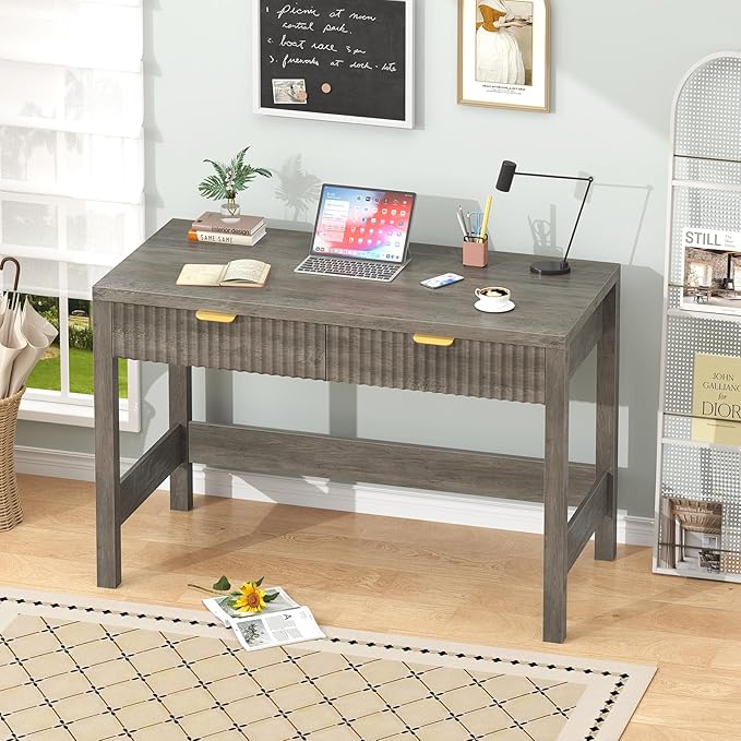 YOMILUVE Fluted Computer Desk with 2 Drawers, 39 Inch Small Computer Desk with Storage, Compact Writing Study Desk for Small Spaces, Gray