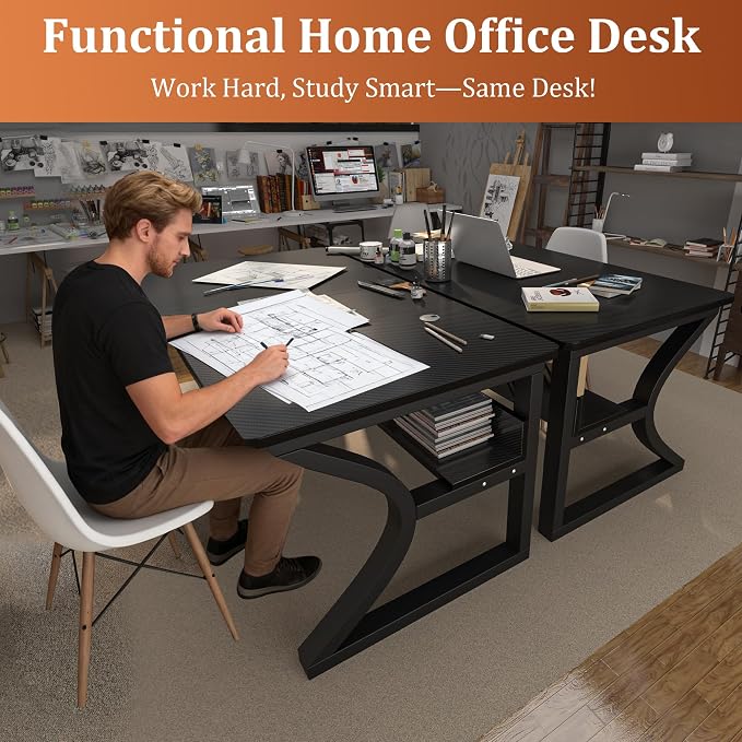 AZN Computer Desk, 47x24 in Computer Desk, Office Desk w/Storage & U-Size Metal Frame for Home Office Bedroom Gaming, Office Desk w/Water-Resistant, Scratchproof Surface, Carbon Fiber Black