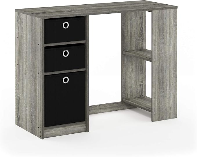 Furinno JAYA Desk, 39.4" Wide Gaming Desk with Drawer Bins, Computer Desk with Side Book Shelf, Writing Desk, Office Desk for Home Office, Study Room, Dorm, Bedroom, French Oak