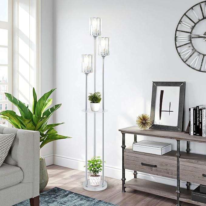 HMVPL Crystal Floor Lamps for Living Room, Modern Floor Lamp with Shelves, 3-Lights Standing Lamp with Crystal Shade, On/Off Foot Switch, Silver Corner Floor Lamp for Bedroom Living Room Office(66")