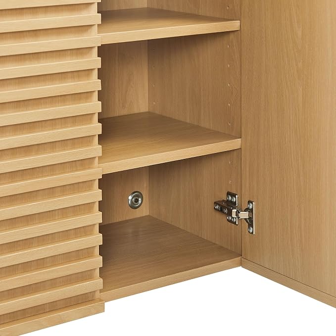 Modway Render Bathroom Cabinet Set in Oak - Freestanding Linen Cabinet and Wall Mounted Storage with Slatted Doors, Adjustable Shelves
