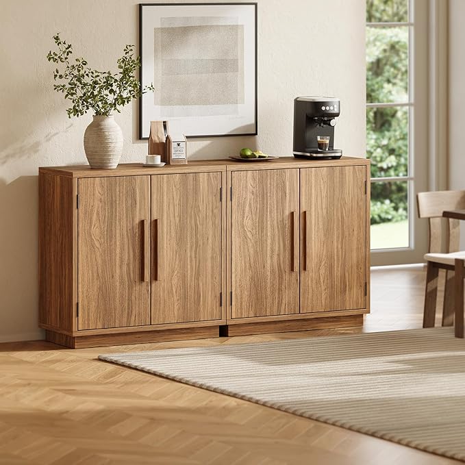 Wood Set of 2 Sideboard Cabinet, 63'' Sideboard Buffet with Adjustable Shelf, Modular Credenza Accent Storage Console Cabinet with Magnetic Doors for Entryway, Living Room, Kitchen, Walnut