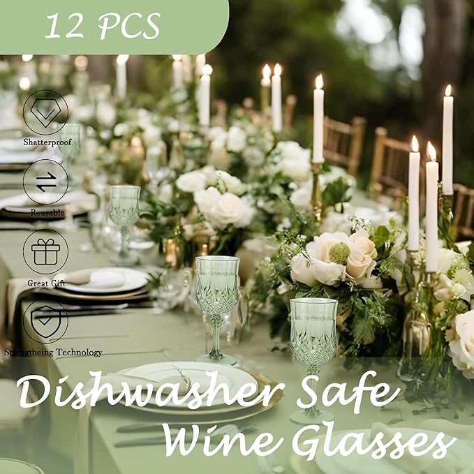 Plastic Wine Glasses, Plastic Goblets Vintage Style Cordial Drinking Glasses for Valentine’s Day, Wedding Reception, Grand Event Party Supplies (12, New Green)