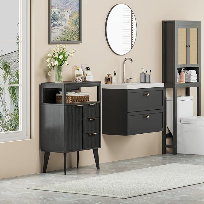 Black Bathroom Floor Cabinet with 3 Fluted Drawers & Door, Modern Storage Sideboard with Open Shelf, Coffee Bar Station for Living Room, Entryway, 23.6 x 11.8 x 34.6 Inches