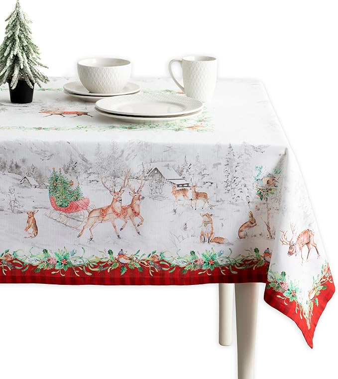 Maison d' Hermine Table Cloth Rectangle Table 100% Cotton 60 x 90 Inches Fall Tablecloth Reusable Everyday Use for Thanksgiving Christmas Decorations Dining Farmhouse Party (Christmas Tradition)