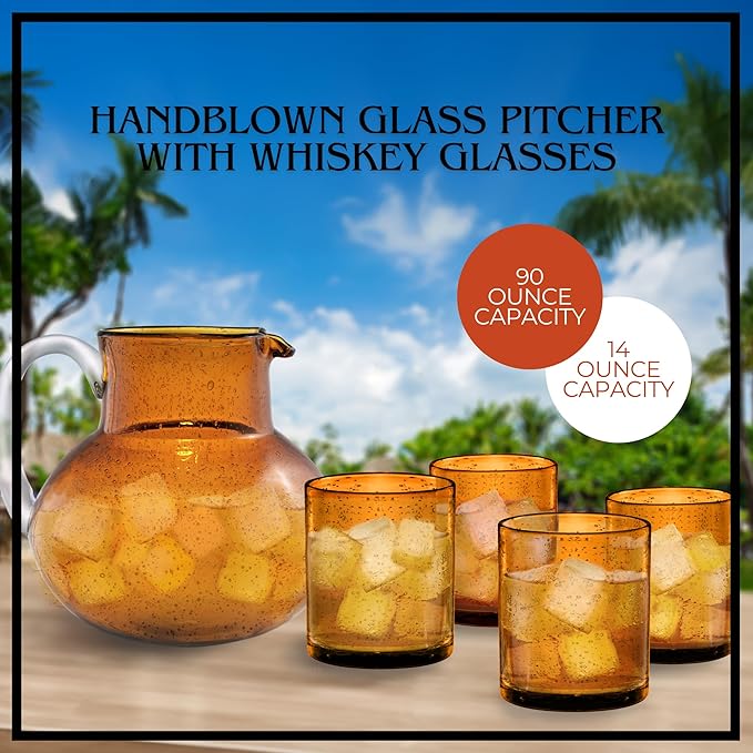 ARTLAND Iris 90oz Hand Blown Pitcher & Double Old Fashion 14oz Glasses (Set of 4) - Lead-Free Bubble Shape Glassware for Stylish Serving and Dining - Kitchen Essential & Table Decor (Amber)
