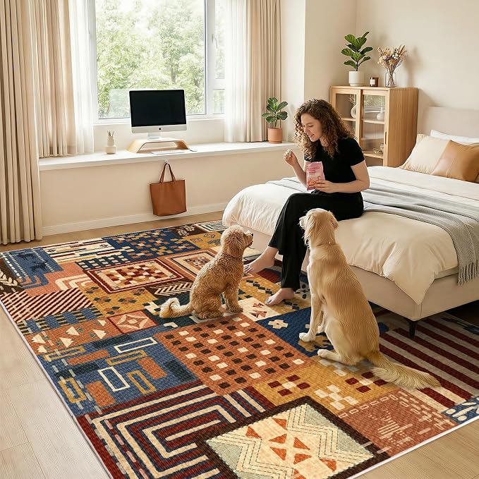 Southwestern Area Rugs for Living Room, 6x9 Boho Tribal Geometric Colorful Patchwork Carpet, Washable Non Slip Low Pile Indoor Rug for Bedroom Dining Room Office Home Hardwood Floor