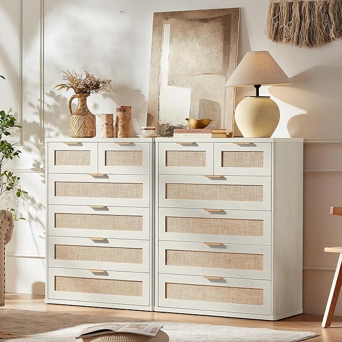 LEYAOYAO White Dresser for Bedroom Set of 2, 41" Tall Chest of Drawers, Modern 6 Drawers Boho Rattan Dressers with Storage, Dresser Wooden Closet Organizer for Living Room, Hallway
