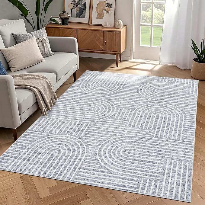 Washable Rug 4x6 Area Rugs for Living Room, Abstract Rug for Bedroom, Soft Rainbow Non Slip Throw Rugs with Rubber Back, Low Pile Stain Resistant Boho Geometric Carpet for Dining Room, Ash