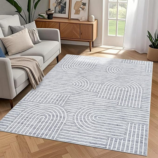 Washable Rug 4x6 Area Rugs for Living Room, Abstract Rug for Bedroom, Soft Rainbow Non Slip Throw Rugs with Rubber Back, Low Pile Stain Resistant Boho Geometric Carpet for Dining Room, Ash
