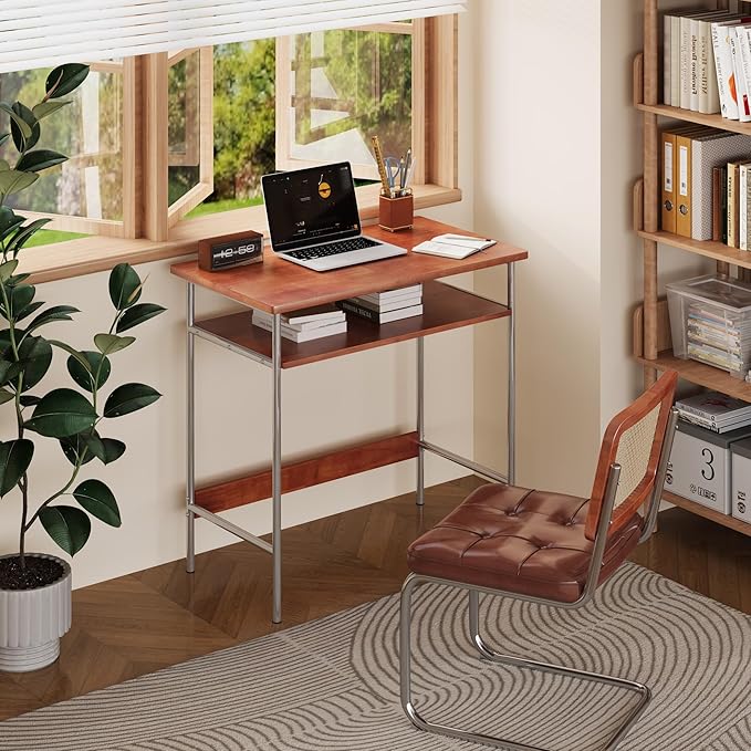 100% Solid Wood Desk, 31.5" Writing Computer Desk for Small Spaces, Vintage Home Office Desks, Mid Century Modern Desks with Thickened Stainless Steel Legs for Study, Makeup & Workstation (Cherry)