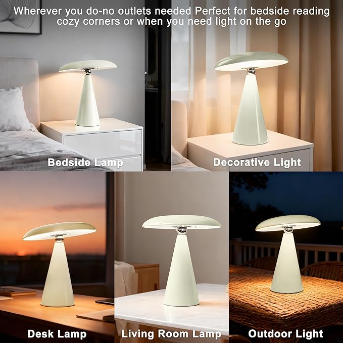 Mushroom Lamp Mid Century Modern Table Lamp, LED Cordless Rechargeable Bedside Light, Dimmable Touch 3-Color Temp, Retro Small Lamp for Bedroom, Living Room，Aesthetic Decor (Cream)