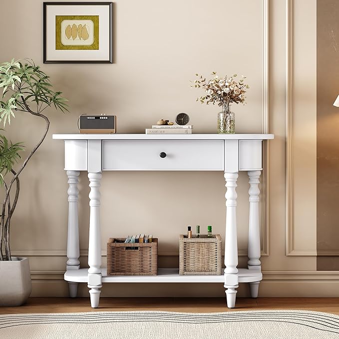 SOFTSEA Curved Corner Console Table with Drawer, 36" Entryway Table with Open Storage Shelf, Retro Curved Enterway Table with Storage, Save Space, White