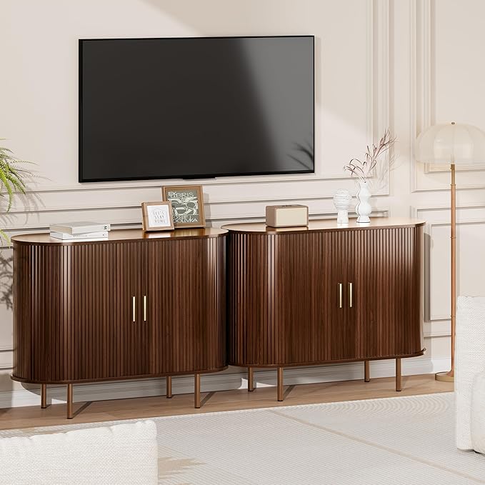 DHH Sideboard Buffet Cabinet with Storage,Mid Century Modern Fluted Accent Coffee Bar Console Table,Tambour Sliding Doors& Adjustable Shelf for Kitchen, Living Room, Entryway(Walnut, 40Inch)
