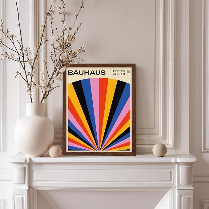 Poster Master Bauhaus Poster - Rainbow Sun Rays Print - Geometric - Abstract Art- Graphic Design - Chic Boho - Mid Century Modern Art - 11x14 Brown Framed